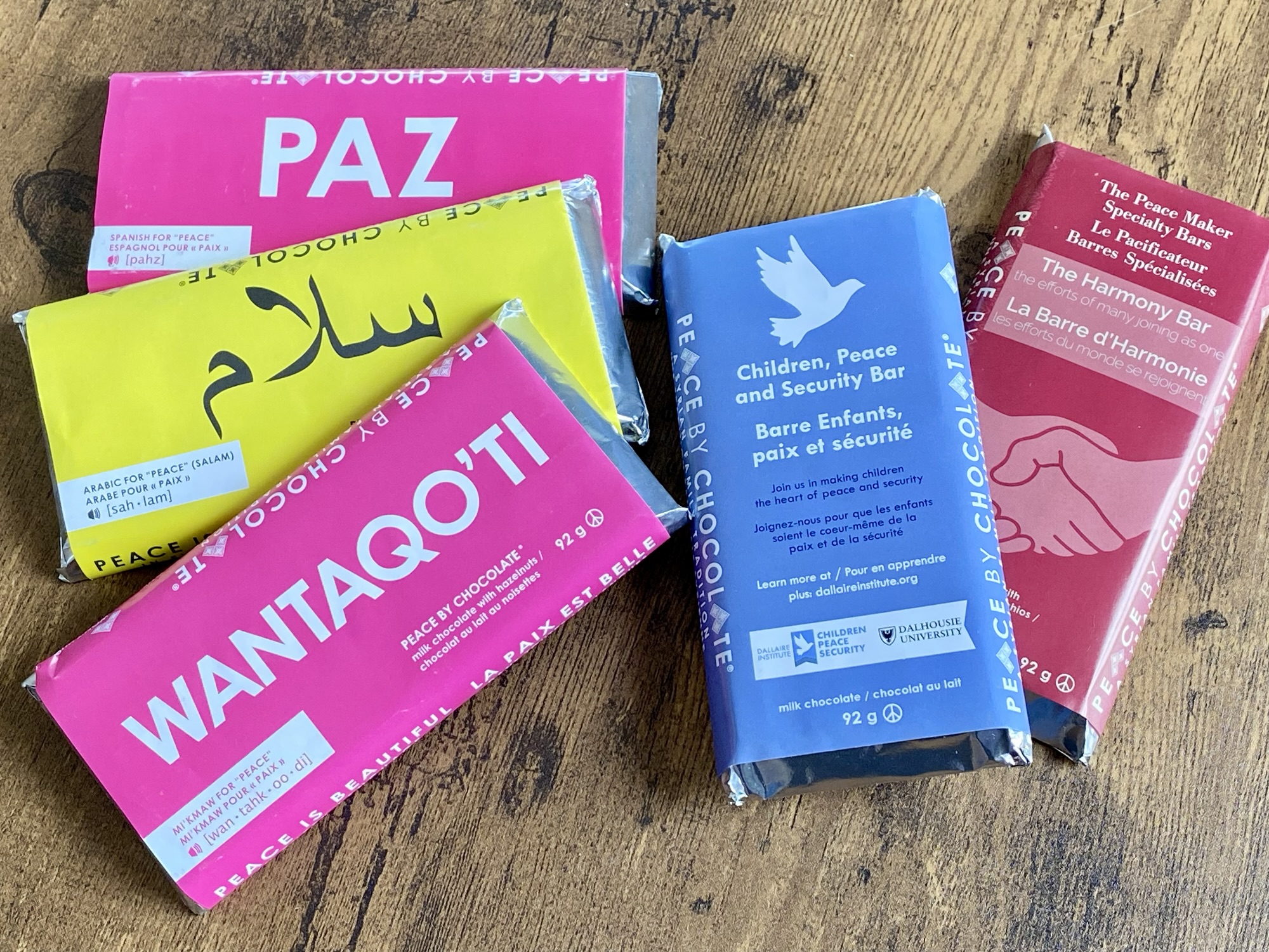 A variety of chocolate bars, all Peace by Chocolate. The chocolate itself is excellent!